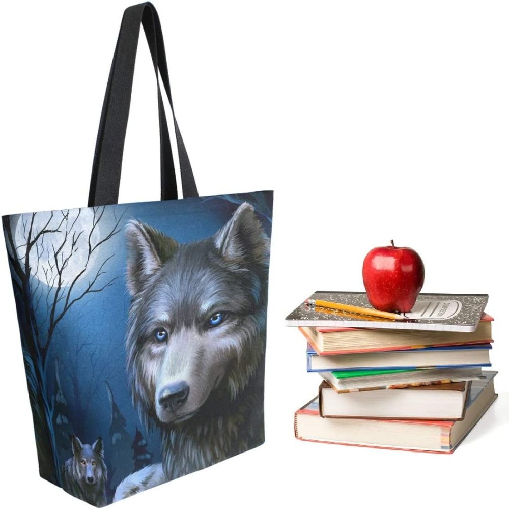 Full Moon Night Wolf Print Extra Large Canvas Shoulder Tote Top Storage Handle B